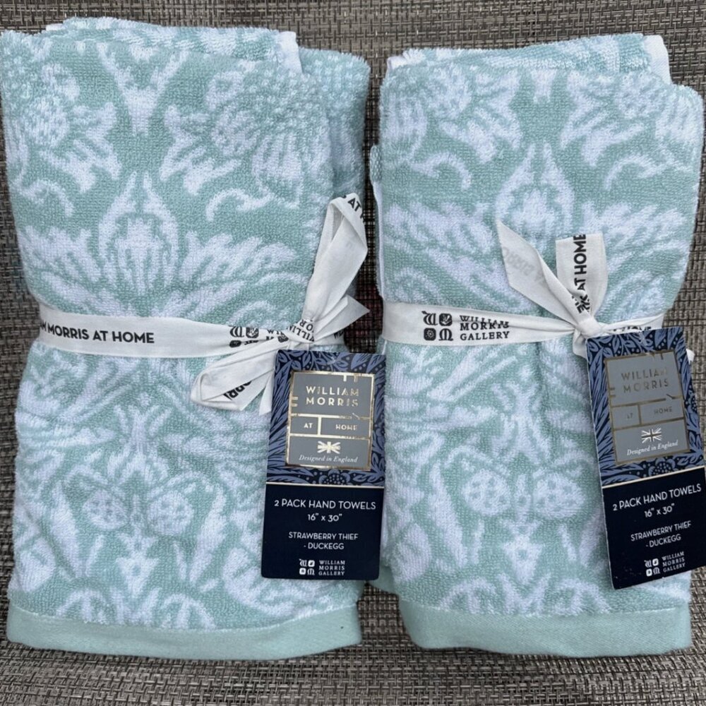 William Morris STRAWBERRY THIEF Duckegg Teal Floral Cotton Hand Towel Set 4pc